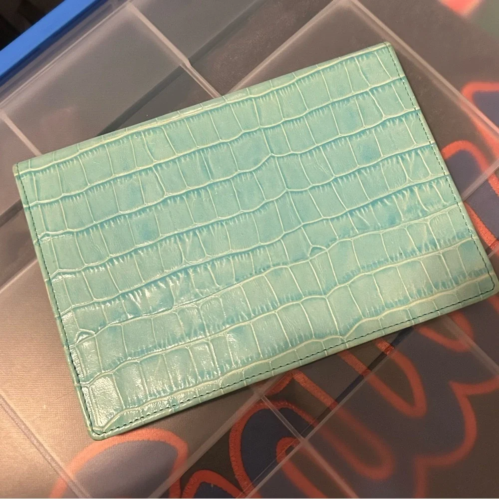 Vintage Teal Croc Embossed Leather Envelope Clutch w/ Silver Bumble Bee